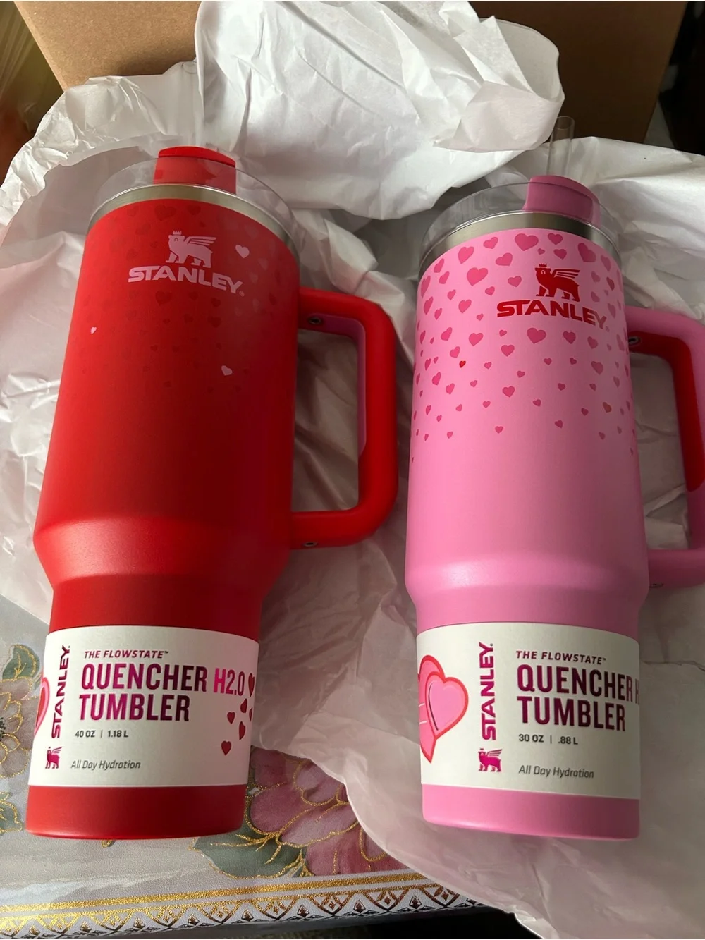 Stanley Red and Pink Quencher Tumblers with Heart Design